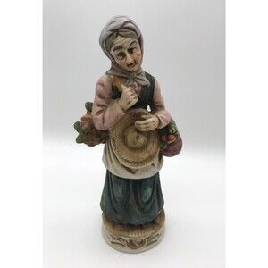 Vtg. UCGC Ucagco Old Woman with Baskets Figurine Farmhouse Bisque Ceramic 8.5"